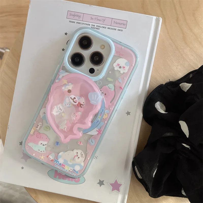 المحيط الوردي دولفين الأخطبوط قذيفة شفافة جراب هاتف ل Magsafe آيفون 16 15 14 13 برو ماكس حافظة لطيف الحلو الكرتون غطاء فني