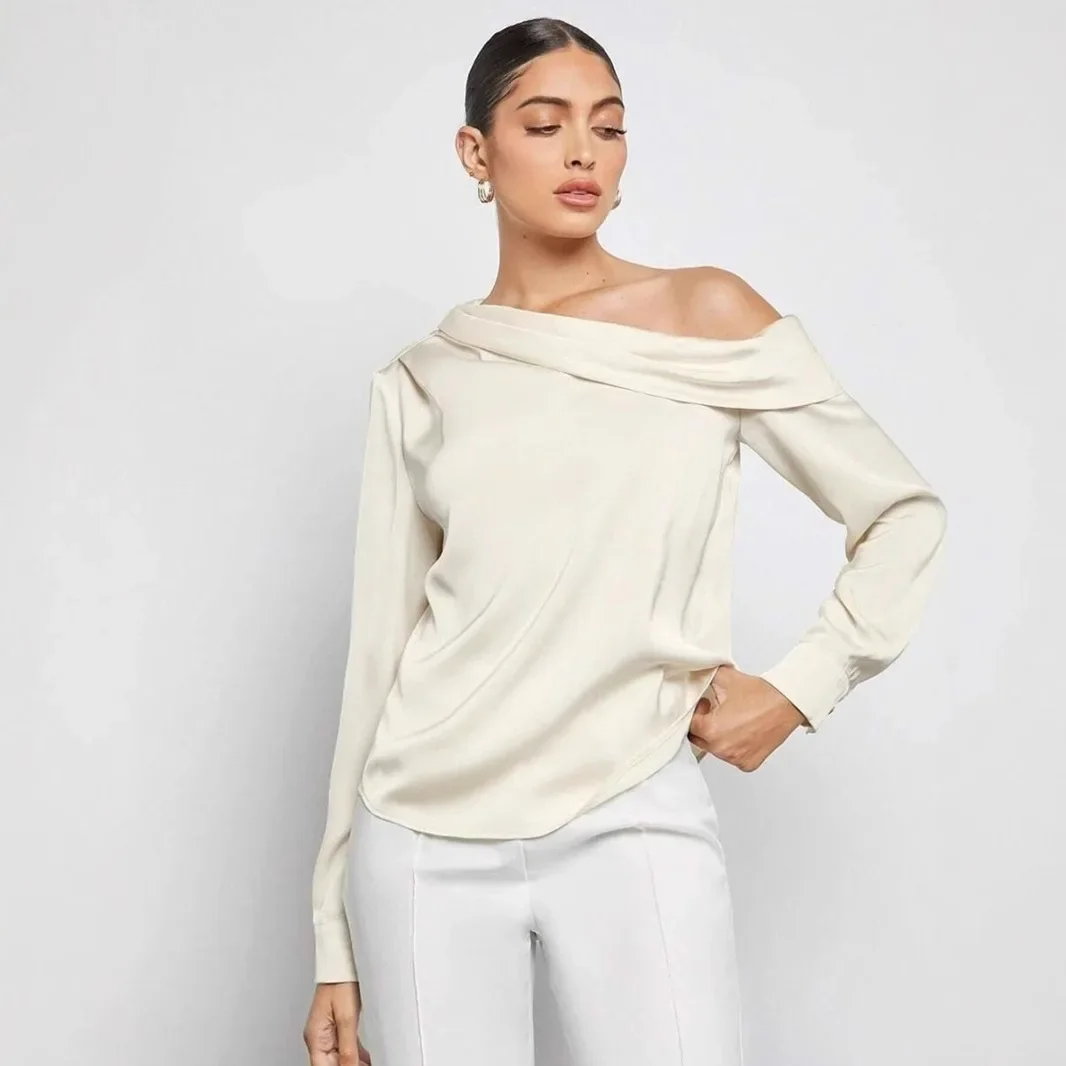 

Folded Design Cross-Border Spring Summer Fashion Asymmetric Long Sleeve Satin Shirt Women's Button up Top Shoulder Bared