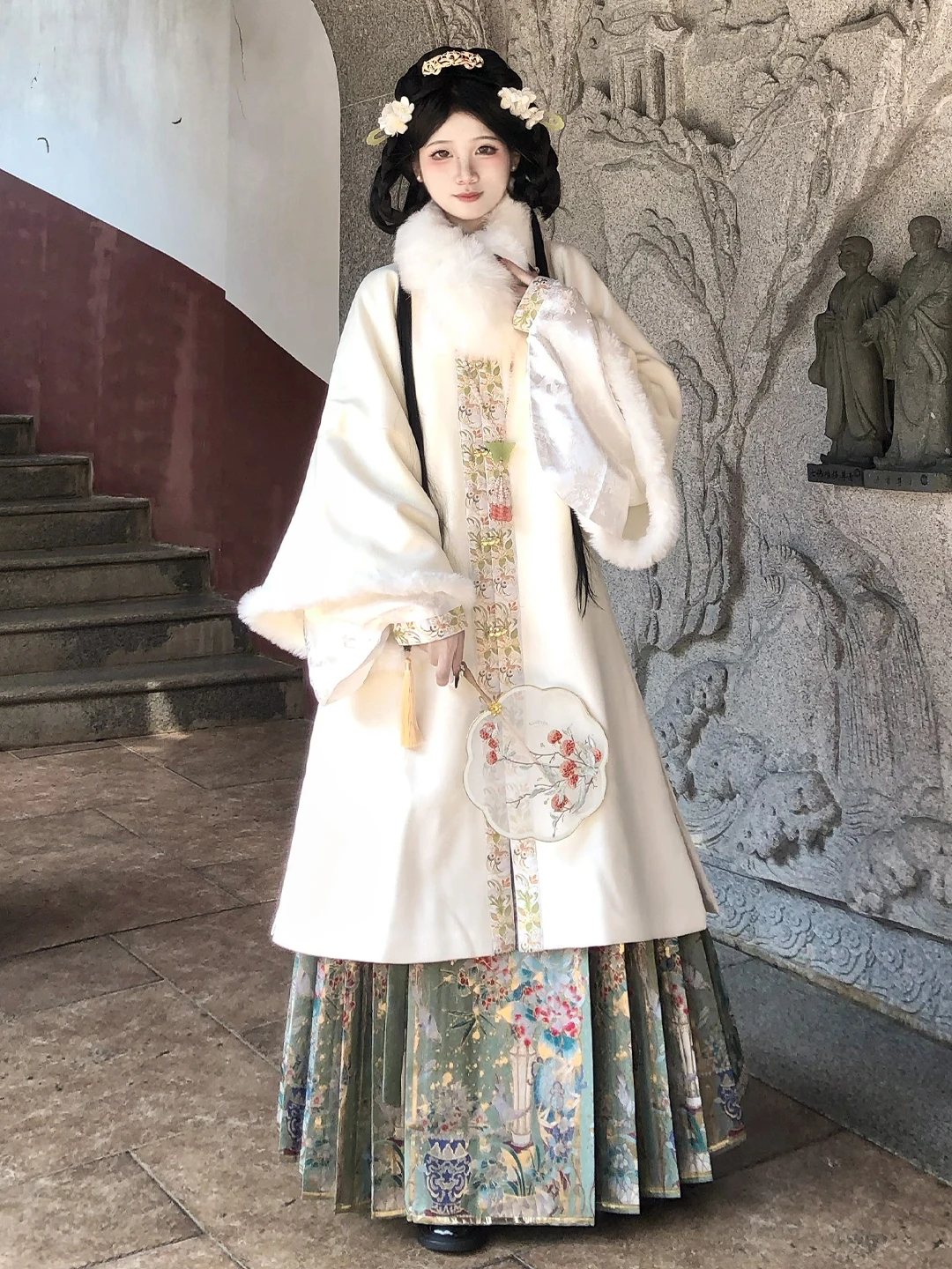 

Drs Hanfu Winter Thiened Fce Lined Ming Sle Шерстяное пальто Длинное пальто цвета слоновой кости Теплая юбка с хвостом Eup Flower Wom...