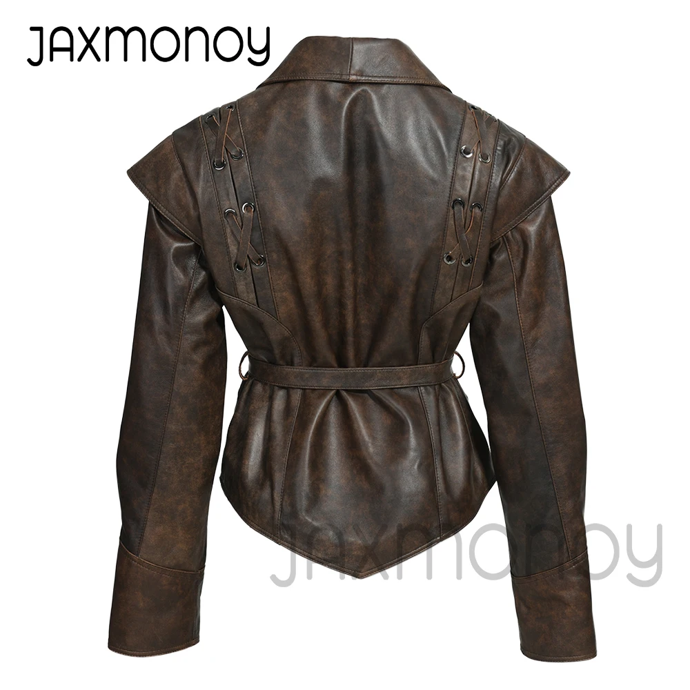 Jaxmonoy-Veste en cuir véritable pour femme, manteau en peau de mouton vintage, ceinture élégante, mince, dames, Y2K, printemps, automne, 2024