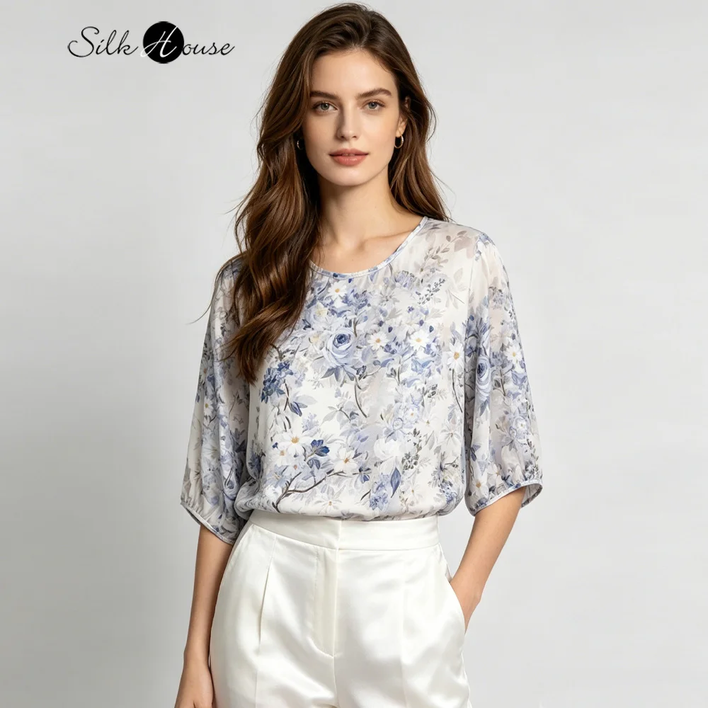 

Women's Summer New 100%Natural Mulberry Silk Full Hole Rose Round Neck Lantern Three-quarter Sleeve Plant Flower Printed T-shirt