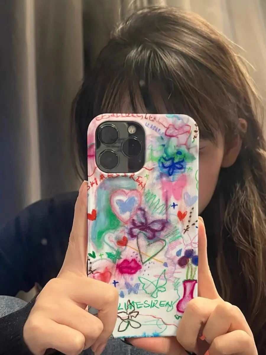 INS Funny Graffiti Butterfly Phone Case for iPhone 16 15 14 13 12 11 Pro Max XS XR XSMax 6 7 8 Plus Glossy HD Hard PC Cover