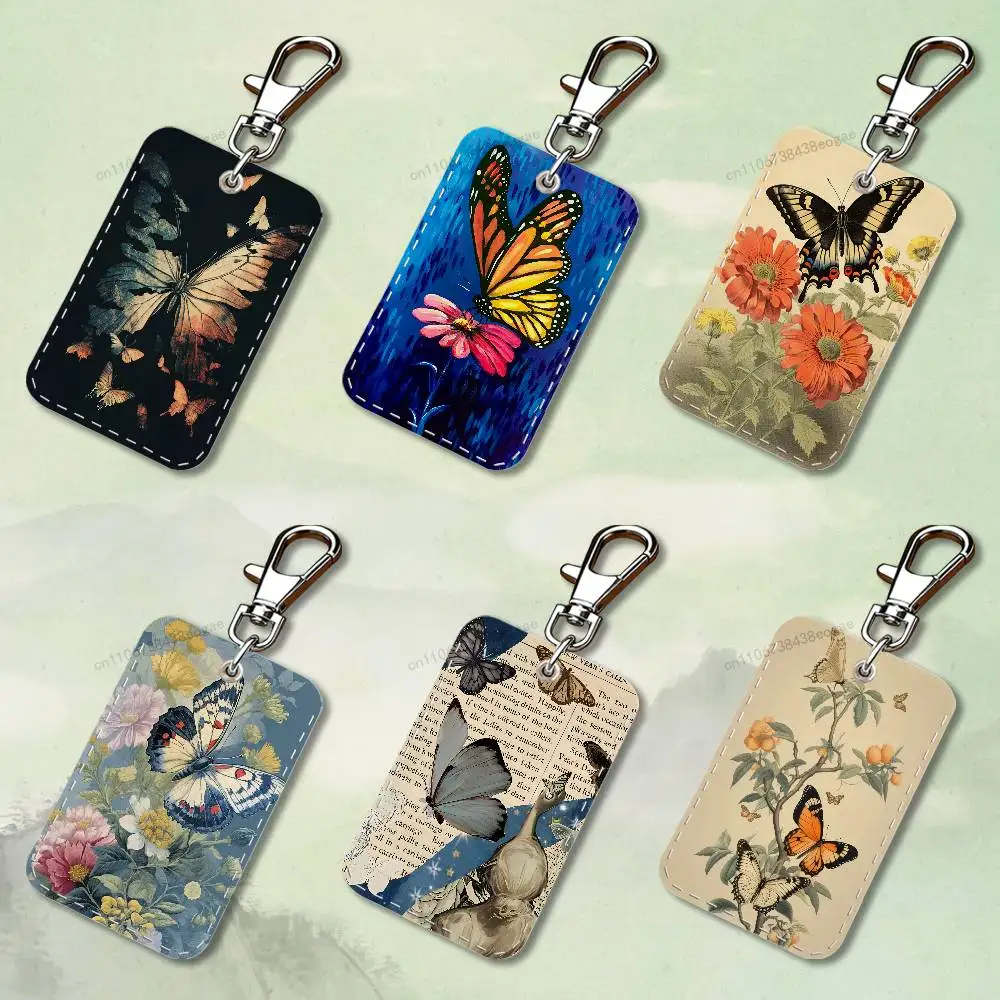

Retro Art Butterfly Custom Access Card Case Leather Card Holder Keychain Key Ring Transportation Card Case Gifts