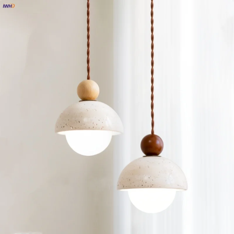 

IWHD Home Decor LED Pendant Lights Balcony Porch Study White Glass Nordic Modern Yellow Travertine Hang Lamp Lamparas Colgantes