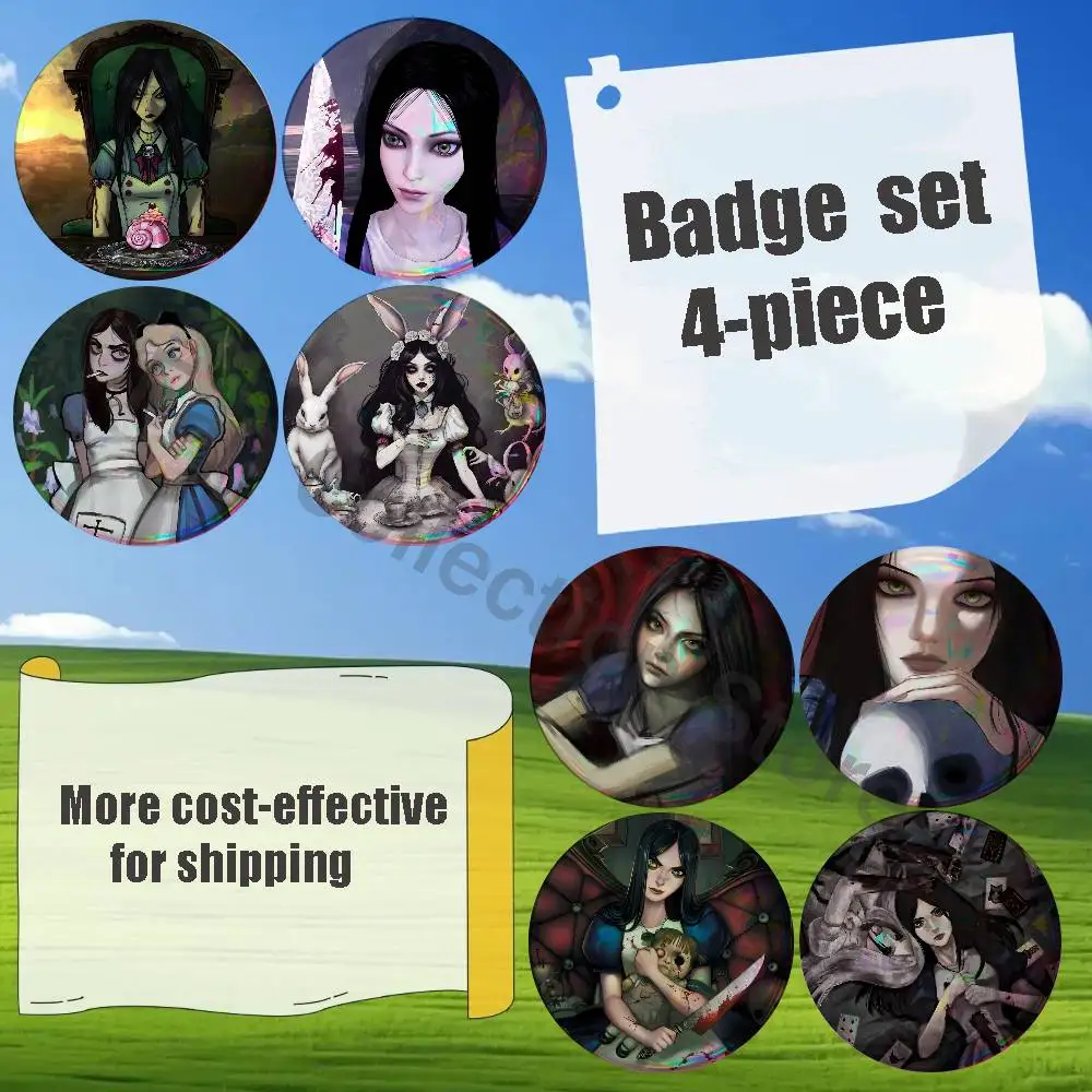 A-Alice Madness Returns Brooches for Backpack Accessories 25,32,44,58,75mm Round Enamel Pins 4-piece set Cartoon Anime Badge