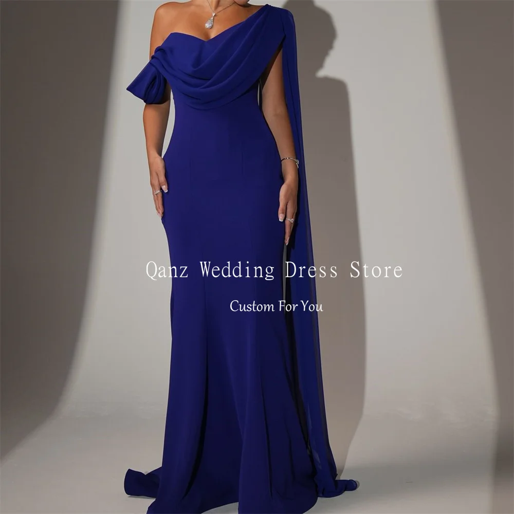 Qanz Blue One Shoulder Evening Dresses Mermaid Vestido Formales Elegante Lace Up Back Saudi Arabia Formal Dress Customized