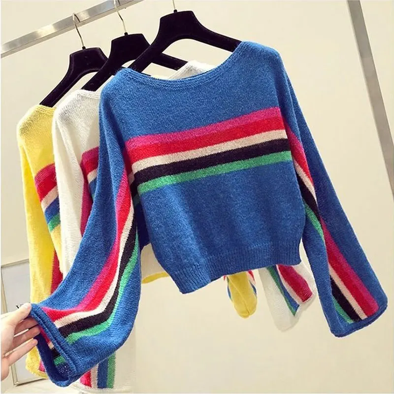 Women\'s Clothing Color Striped Jumpers Casual Loose Spring Summer Thin Round Neck Korean Long Sleeve All-match Knitted Sweaters