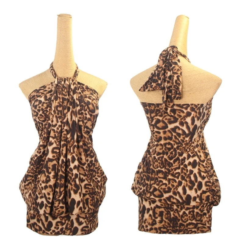 Novos trajes femininos vestido de dança latina pendurado pescoço leopardo impressão vestido prática feminino chacha rumba roupas de dança dql10682