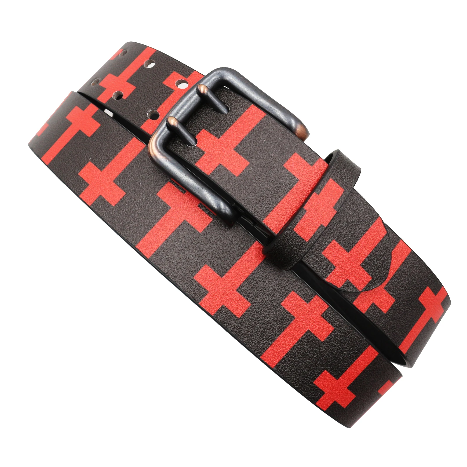 Man Double-prong buckle Buckle Belts Women Western Cowboy Y2k Girls Fashion Belt for Jeans  Strap cross Print black red Belts
