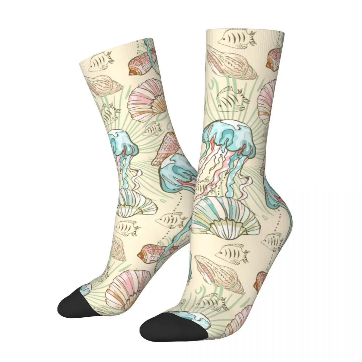 Happy Vintage Shells Jellyfishes Little Fishes Crazy Men's Socks Unisex Harajuku Seamless Printed Funny Crew Sock Boys Gift