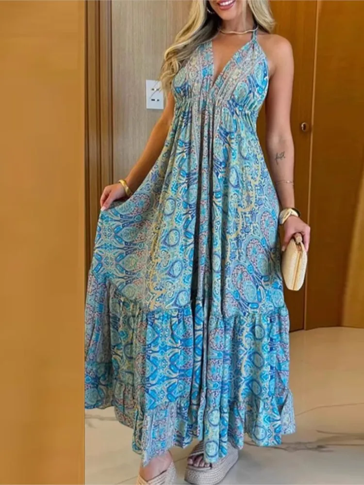 

Sexy Deep V Neck Dress Lady Fashion Print Halter Sleeveless Backless Loose Dress For Women Casual Beach Holiday Skirt Robe Femme