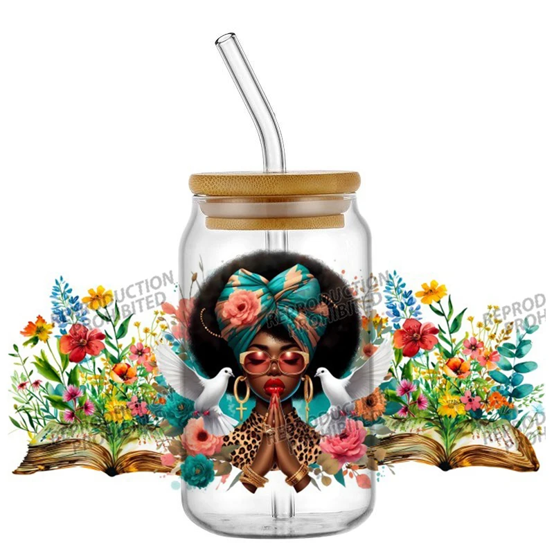 Waterproof Anti-Scratch UV DTF Cup Wraps Floral Pray Afro Woman Cold Transfer Stickers For 16oz Libbey Glass Faith Tumbler