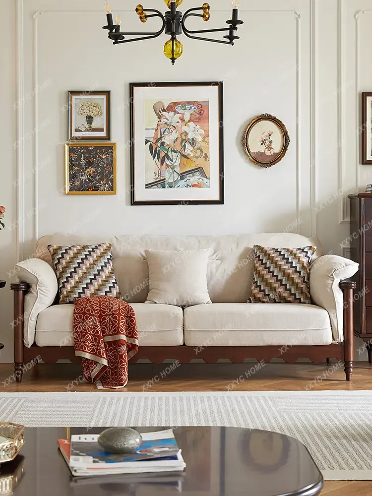 Vintage Solid Wood Sofa Southeast Asian Style Fabric Sofa Three-Seater Combination Small Beauty Style Natural Wood Furniture