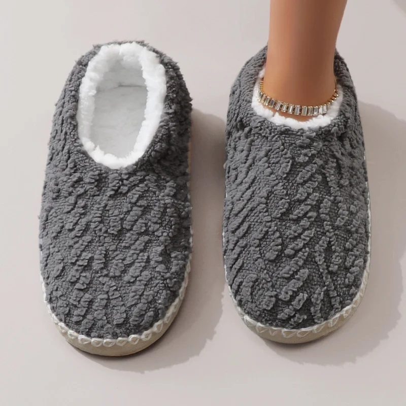 Fashionable and Simple Solid Color Autumn and Winter Plush Thick-Soled Stitched Closed-Back Women's Home Slippers Warm Floor Soc view 2