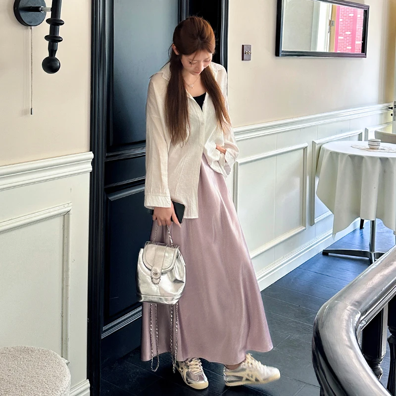 

Fishtail skirt women's Spring/Summer long dress 2025 High-waisted, slimming mid-length satin acetate skirt