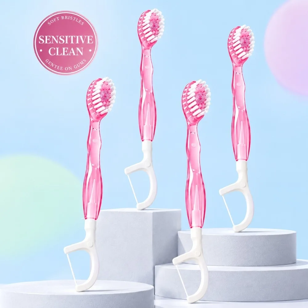5pcs Mint-fresh Bursting Beads Travel Disposable Toothbrushes Dental Pick Tongue Scraper Multi-functional Oral Care Set Floss