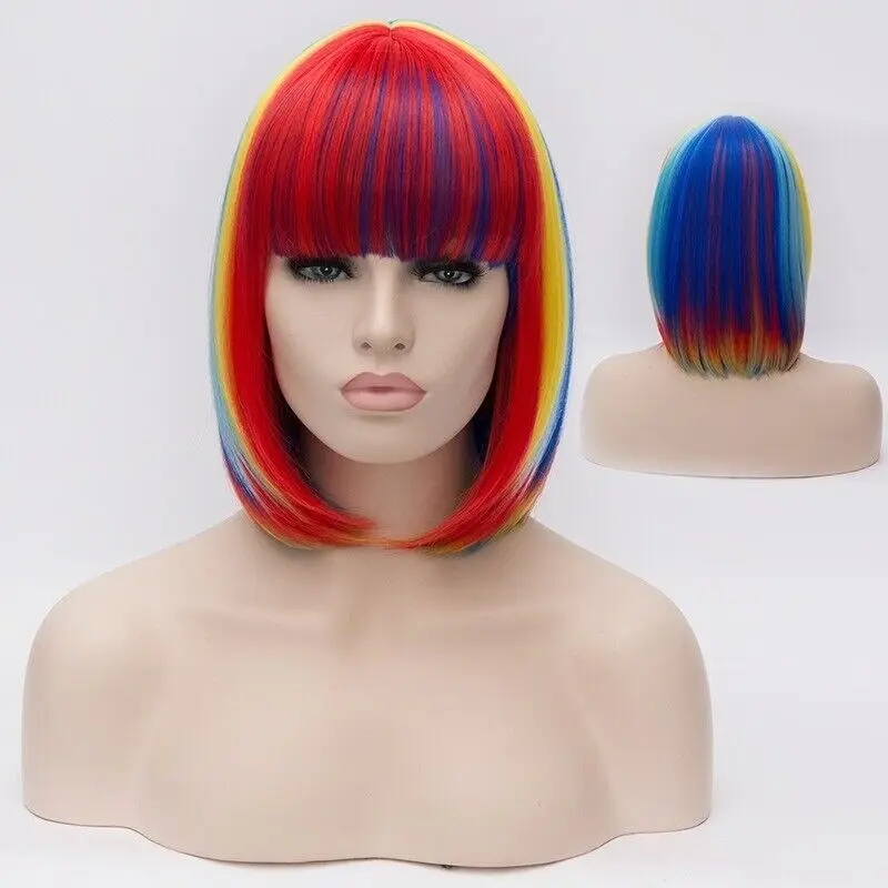 Women Wig Short Multicolor Rainbow Straight Cosplay Party Hair Full Wig Wig Cape