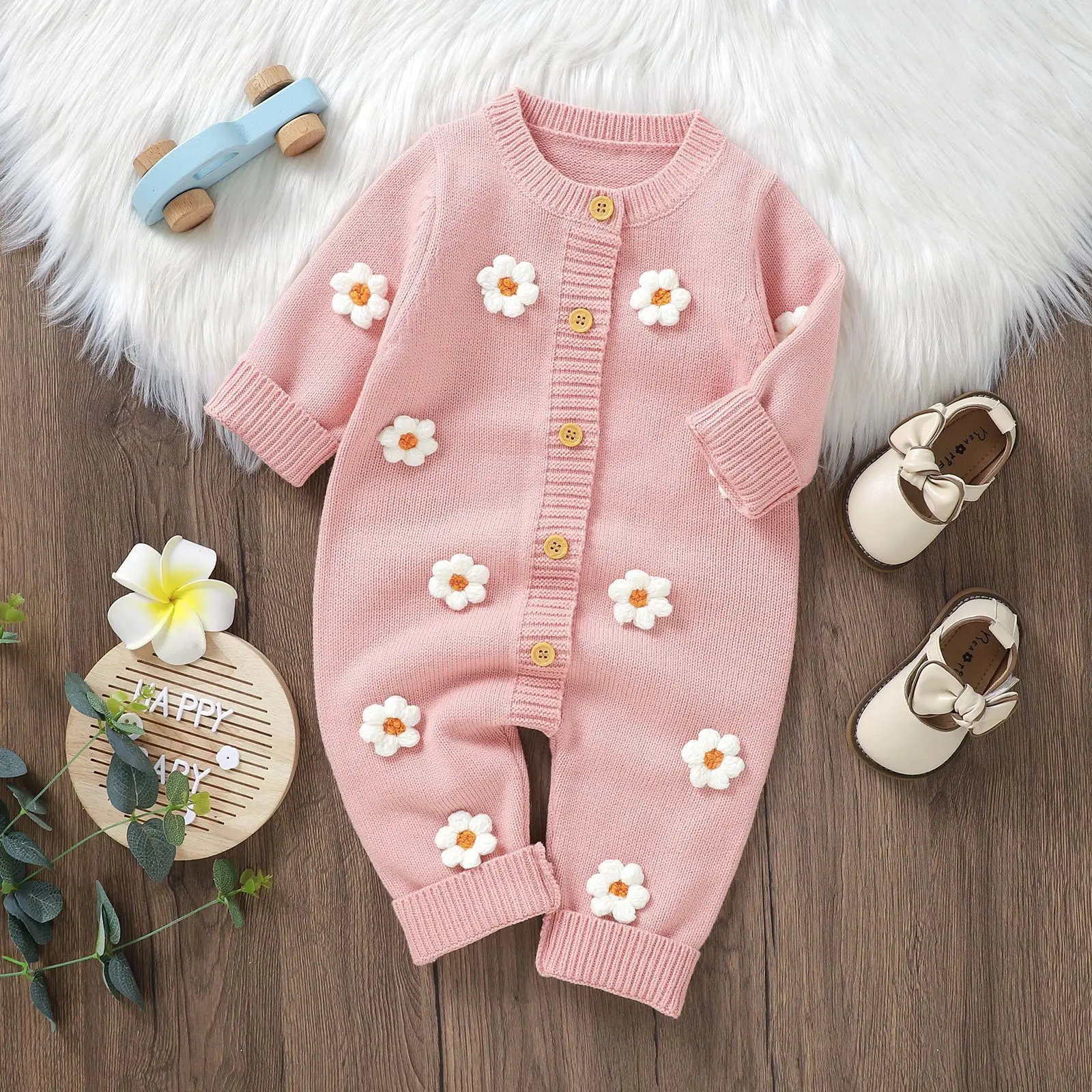 Baby Girls Knitted Pink Flowers Jumpsuit Rompers Long Sleeve Baby Clothes Newborn 0 To 18M Solid Toddler Clothing Baby Overall