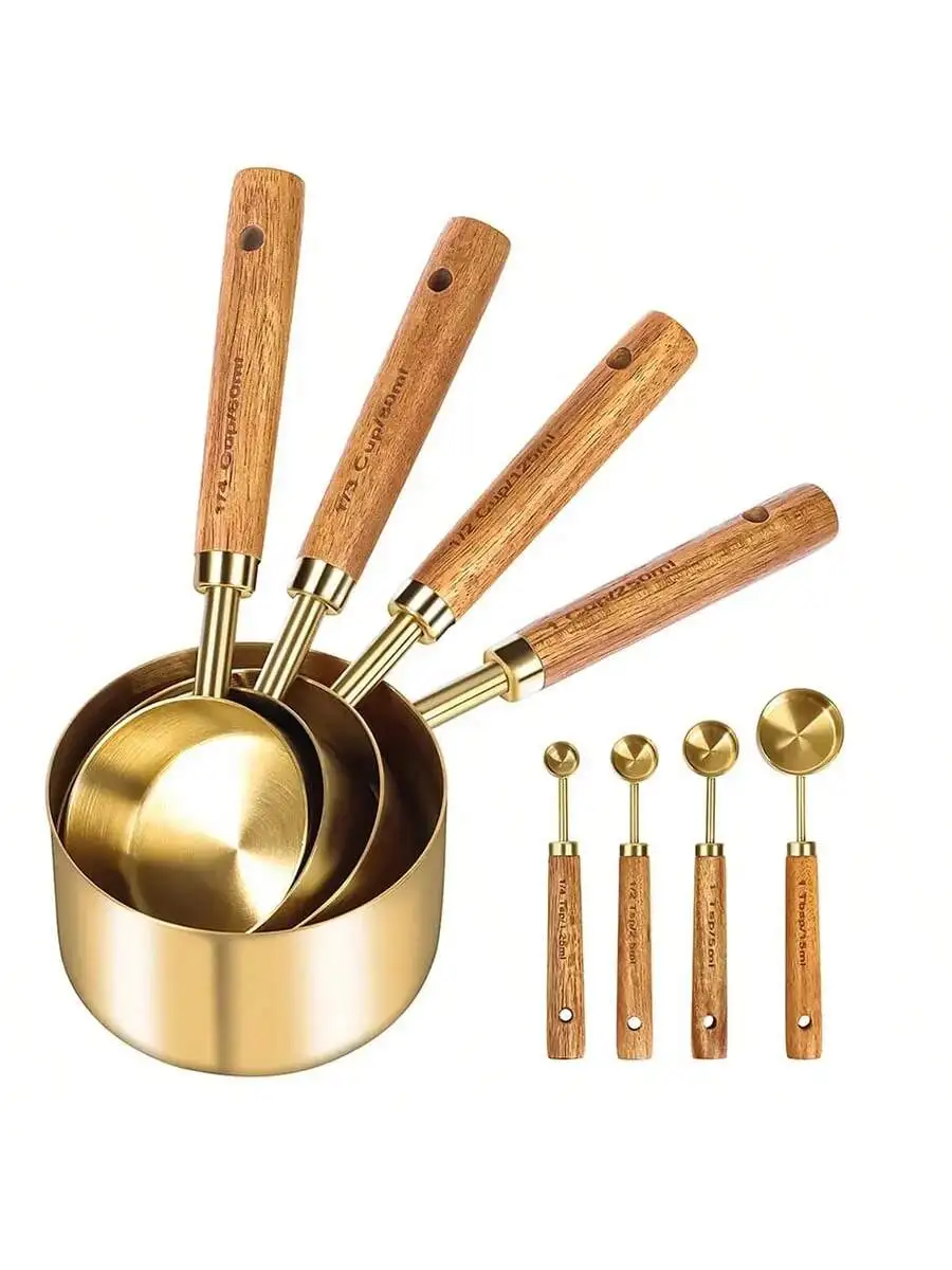 

8pcs Baking Cake Weighing Tool, With Stainless Steel Plated Measuring Cups And Spoons, Acacia Wood Handle With Scale