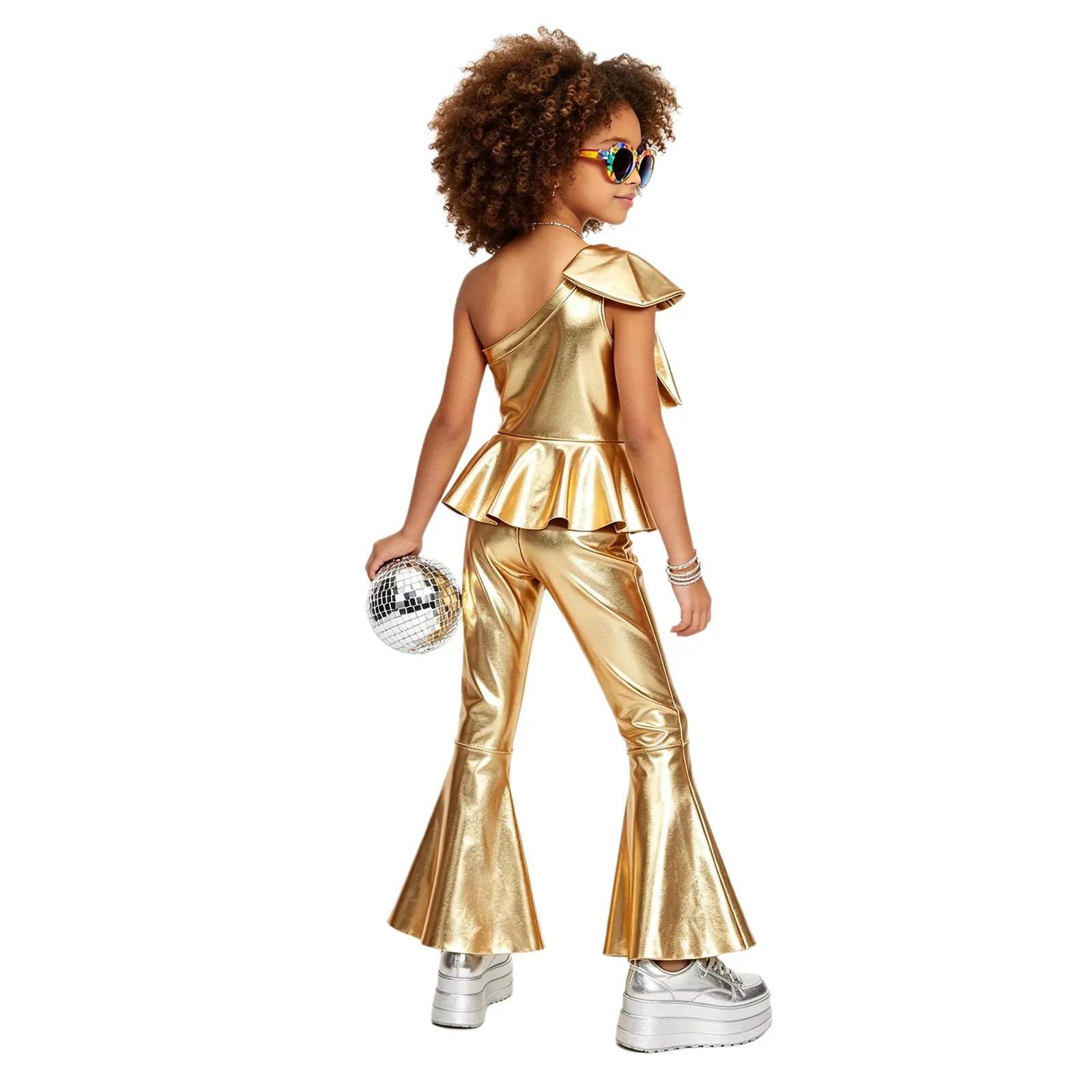 Kids Girls Jazz Disco Hippie Dance Outfits Metallic Flared Pants Jumpsuit Bowtie Decor Ruffle Romper Stage Performance Costume