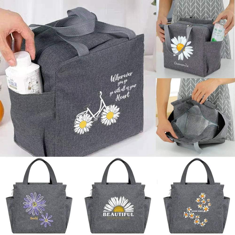 

Beauty Daisy Series Insulated Lunch Bag Cooler Bag Thermal Portable Luncheon Box Ice Pack Tote Food Picnic Bags Work Lunch Packs