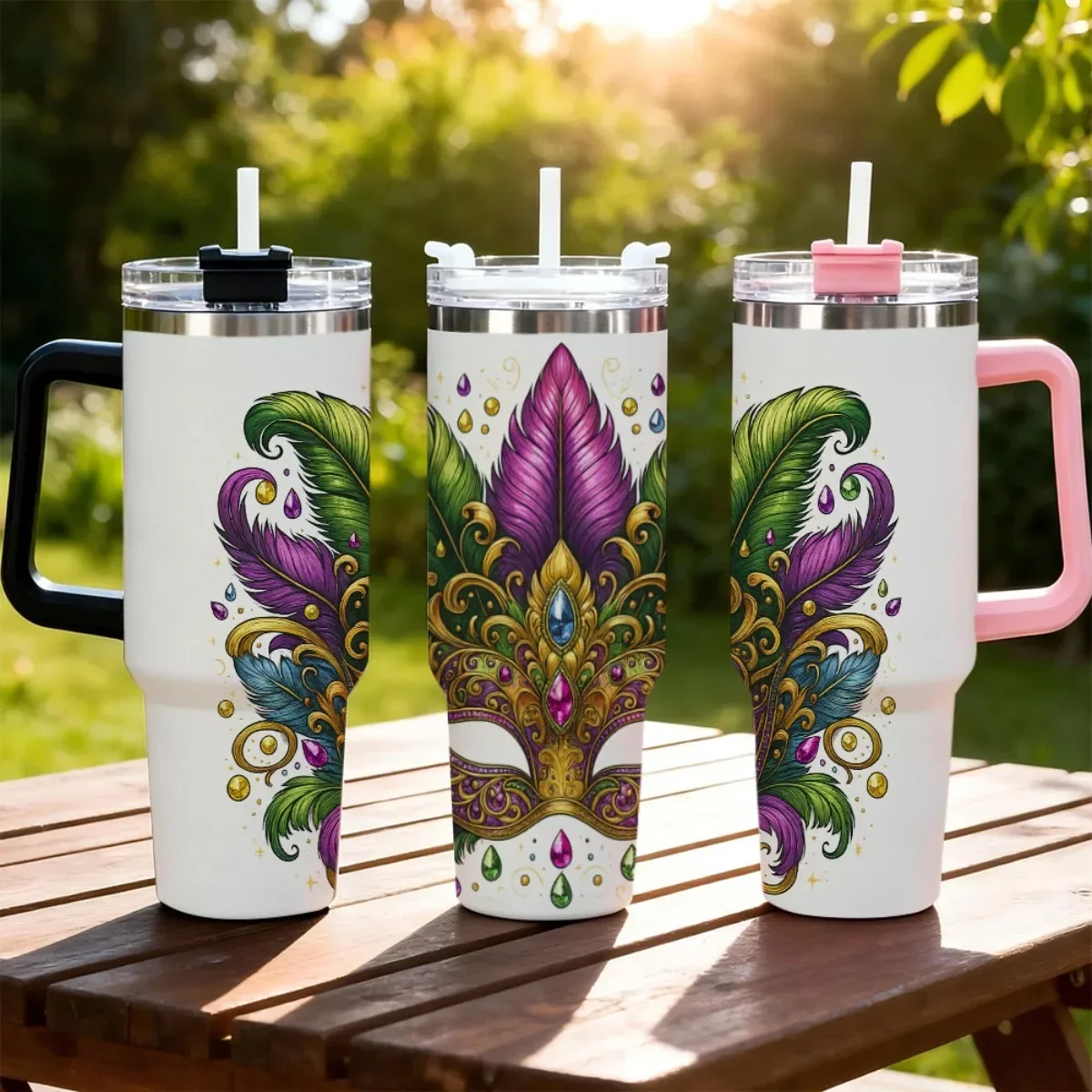40oz Tumbler with Handle Mardi Gras Mask Insulated Cup, Pink Out of Stock, Random Black‑White Shipment