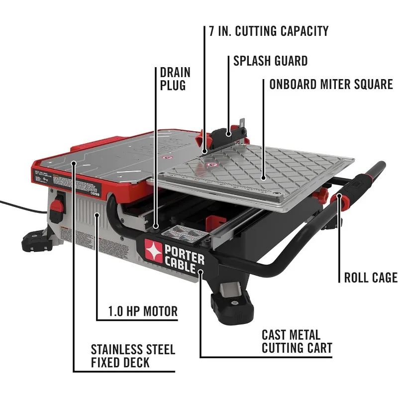 Tile Saw, Wet Saw with 7-inch Cutting Capacity and On-Board Cutting Guide (PCE980)