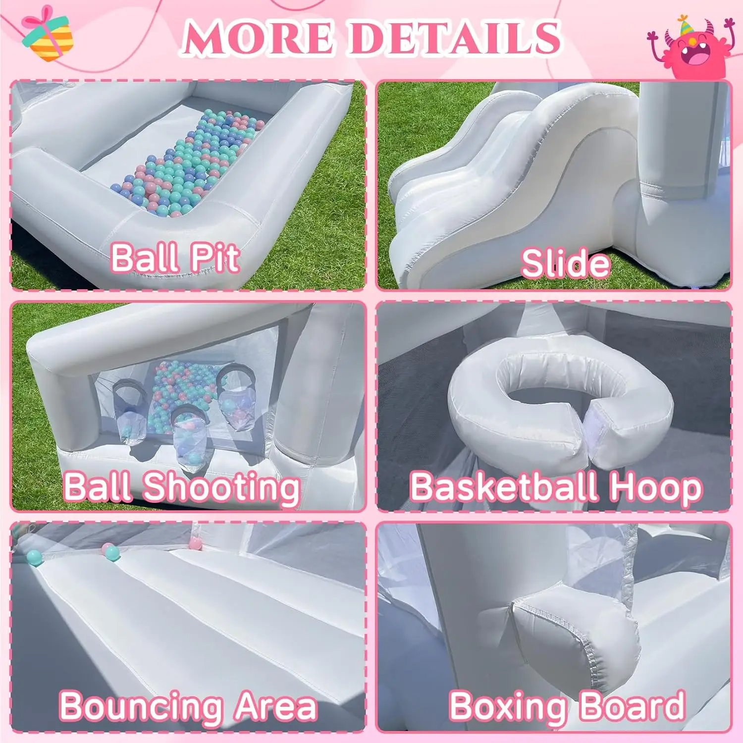 Wit springhuis, opblaasbaar springhuis voor binnen voor kinderen van 3-12 met ballenbak en glijbaan, buiten springkasteel voor verjaardagsfeestje W