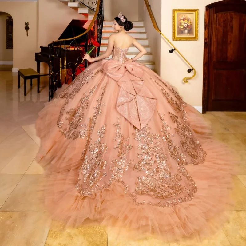 Orange épaules dénudées Quinceanera robe paillettes tulle paillettes décalcomanie dentelle superposition cristal robes de 15 Quinceanera ﻿ Personnalisé