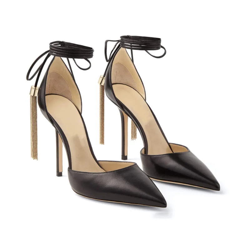 

Cross-Strap Tassels Pointed Toe Summer Women Sandals Stiletto High Heel Lace Up Design Large Size Fashion Party Closed Toe Shoes