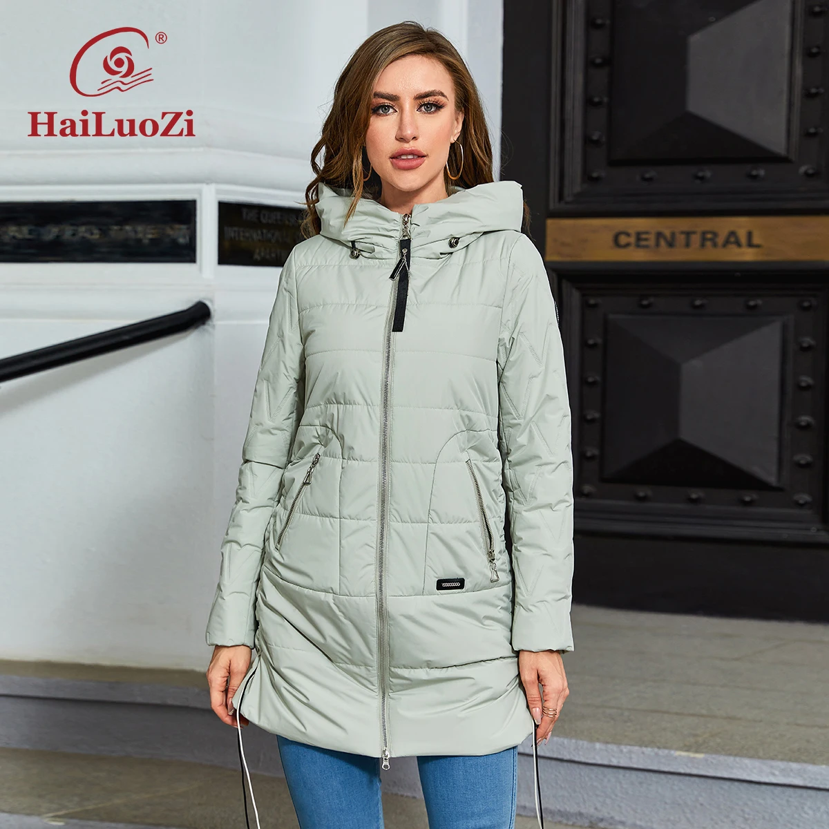 HaiLuoZi 2023 New Autumn Jacket Women Slim Parkas Mid-Long Outwear Hooded Zipper Side drawstrings Quilted Women\'s Coats 7063