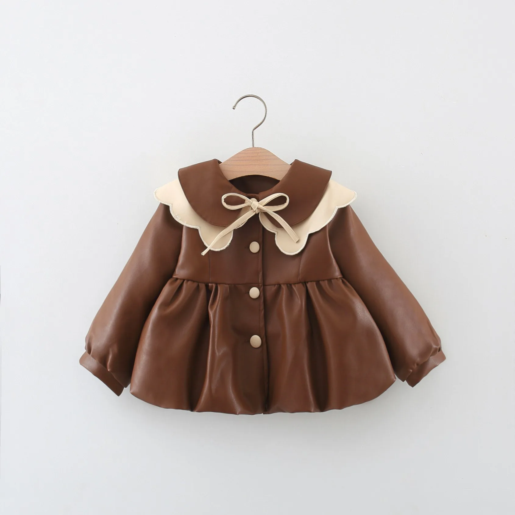 2Piece Spring Autumn Outerwear Toddler Girl Clothes Korean Fashion PU Cute Doll Collar Children\'s Jackets Kids Clothing BC726