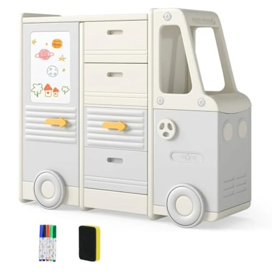 

Toy Storage Organizer Bus-Shaped with 4 Pull-Out Drawers Large Small Cabinets Spacious Countertop Storage Organizer for Playroo