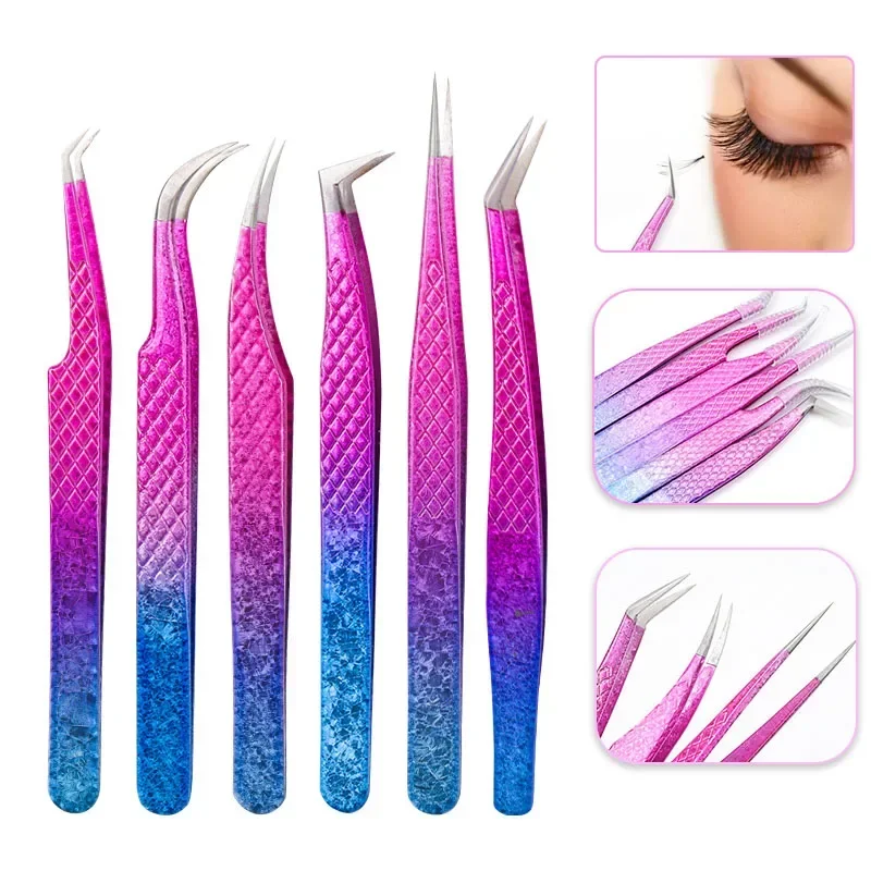 New Eyelash Extension Tweezers Gradient Ice Flower Stainless Steel Non-magnetic Eyebrow Tweezer Volume Makeup Tools Accessories