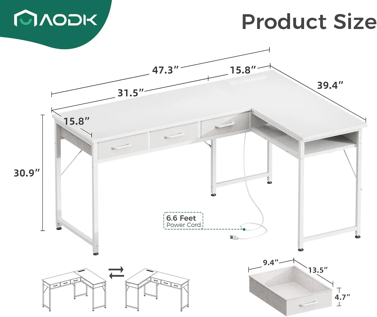 Mesa com 3 gavetas e tomadas elétricas, mesa branca de 47" com prateleira de armazenamento, mesa de canto com espaço espaçoso sob a mesa, escritório doméstico