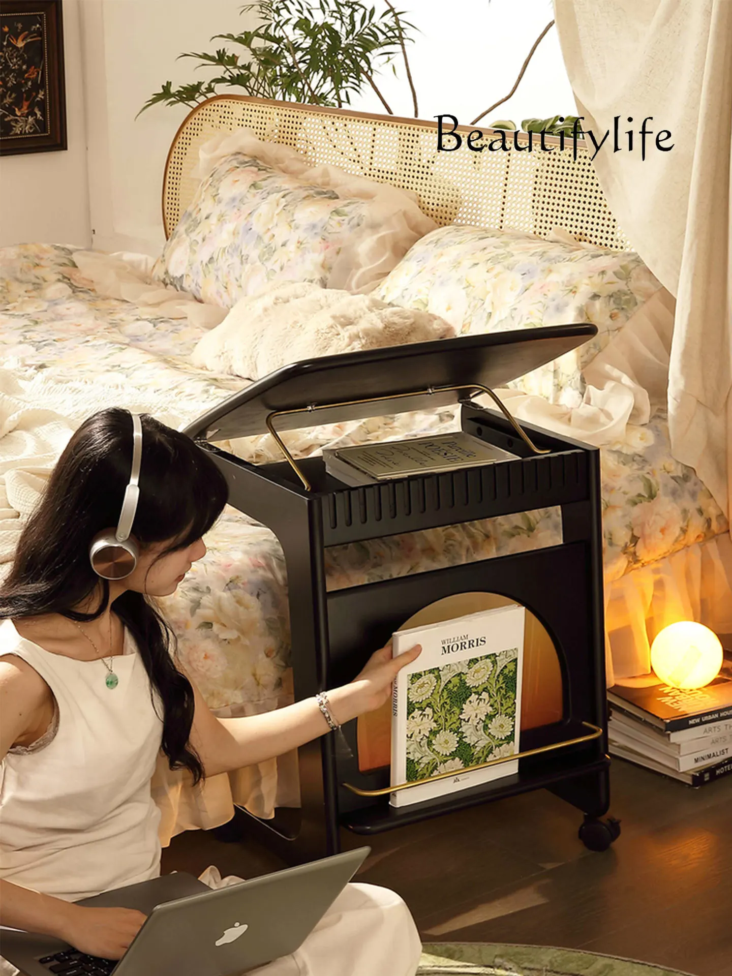 Medieval solid wood sweeping robot locker small apartment living room sofa movable hidden bedside storage edge