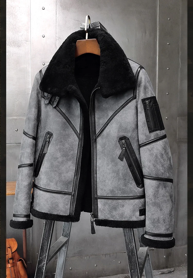 سترة شيرلينغ للرجال من جلد الغنم معطف شتوي من الفرو سترة جلدية B3 سترة طيران