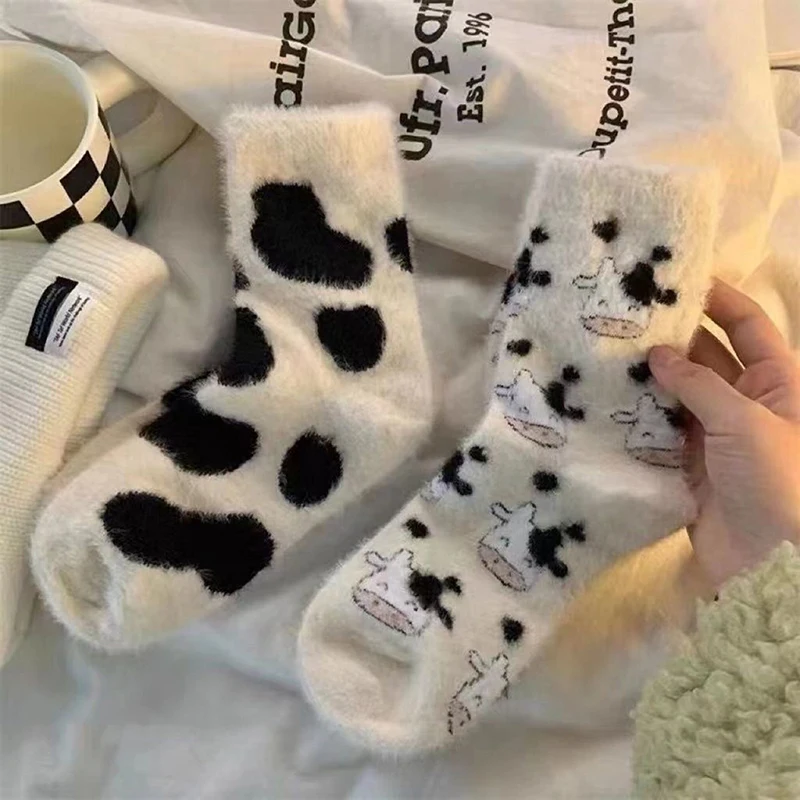 Cartoon Cute Cow Mink Velvet Socks Women Winter Soft Stocking Medium Tube Sock Cute Cloud Plush Cartoon Mink Plush Socks Indoor