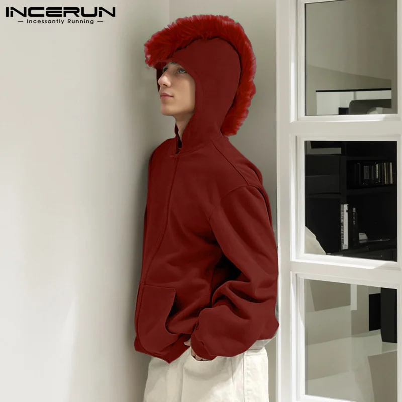 INCERUN Men's Patchwork Plush Hoodies Tops American Style Fashion Personality Casual Male Solid Long Sleeved Hooded Sweatshirts