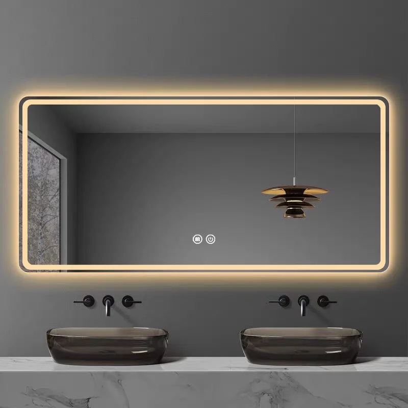 LED Smart Bathroom Mirror Anti-Fog Wall Mounted Front Light Time Temp Display for Hotel Home