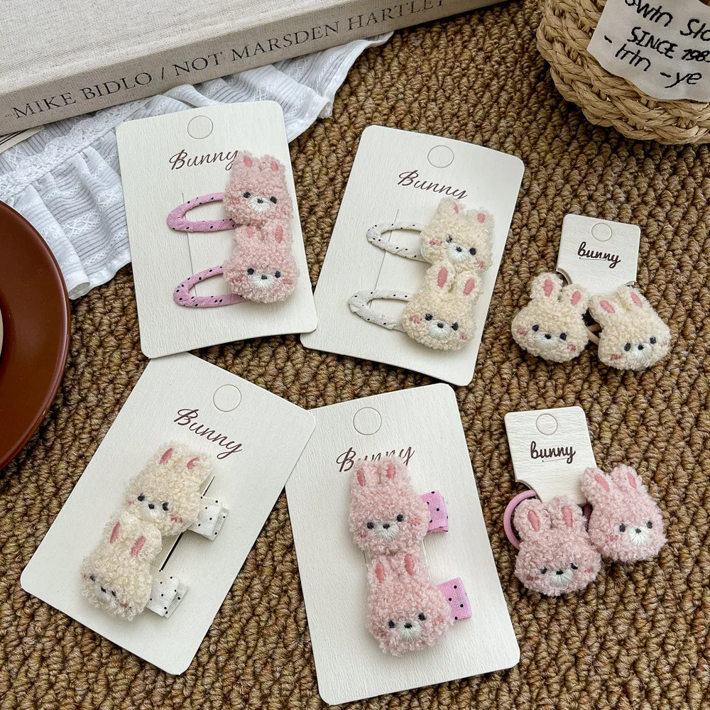 2pcs Plush Rabbit Hair Clip Cute Cartoon Polka Dot Hairpin Elastic Hair Bands Sweet Girl Scrunchies Rubber Band Hair Accessories