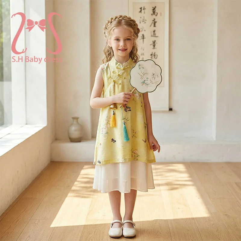 

Toddler Chinese Style Sleeveless Kid Clothing Elegant Cheongsam Dress Floral Butterfly Cartoon Figure Prints Children Daily Wear