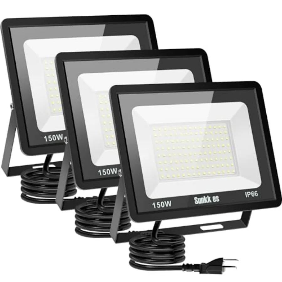 

150W LED Flood Light Outdoor 3 Pack IP66 Waterproof 6000K Daylight White Security Lights 18000LM Exterior Floodlights for Works