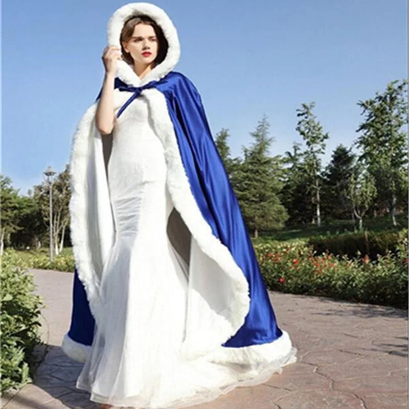 

Long warm capes white ivory bride winter wedding cloak shawl satin + artificial fur cape coat adult poncho Wedding cloak