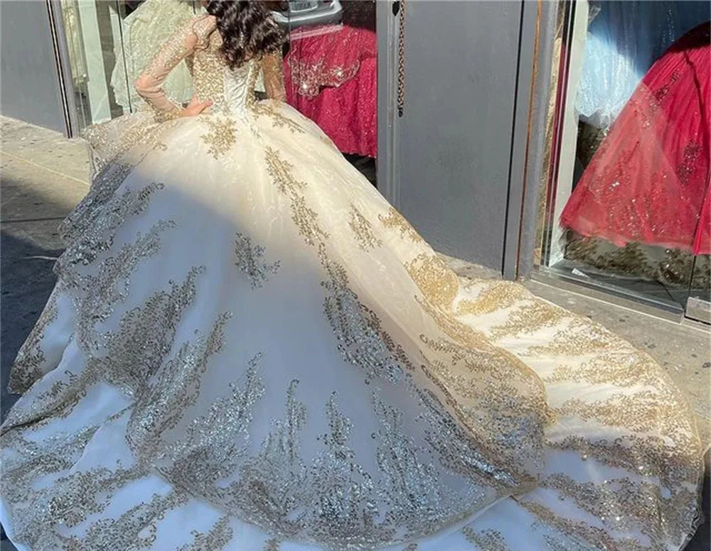 Vestidos de princesa champán para quinceañera, vestido de baile de manga larga con apliques de perlas, dulce 16, 15 Años, mexicano