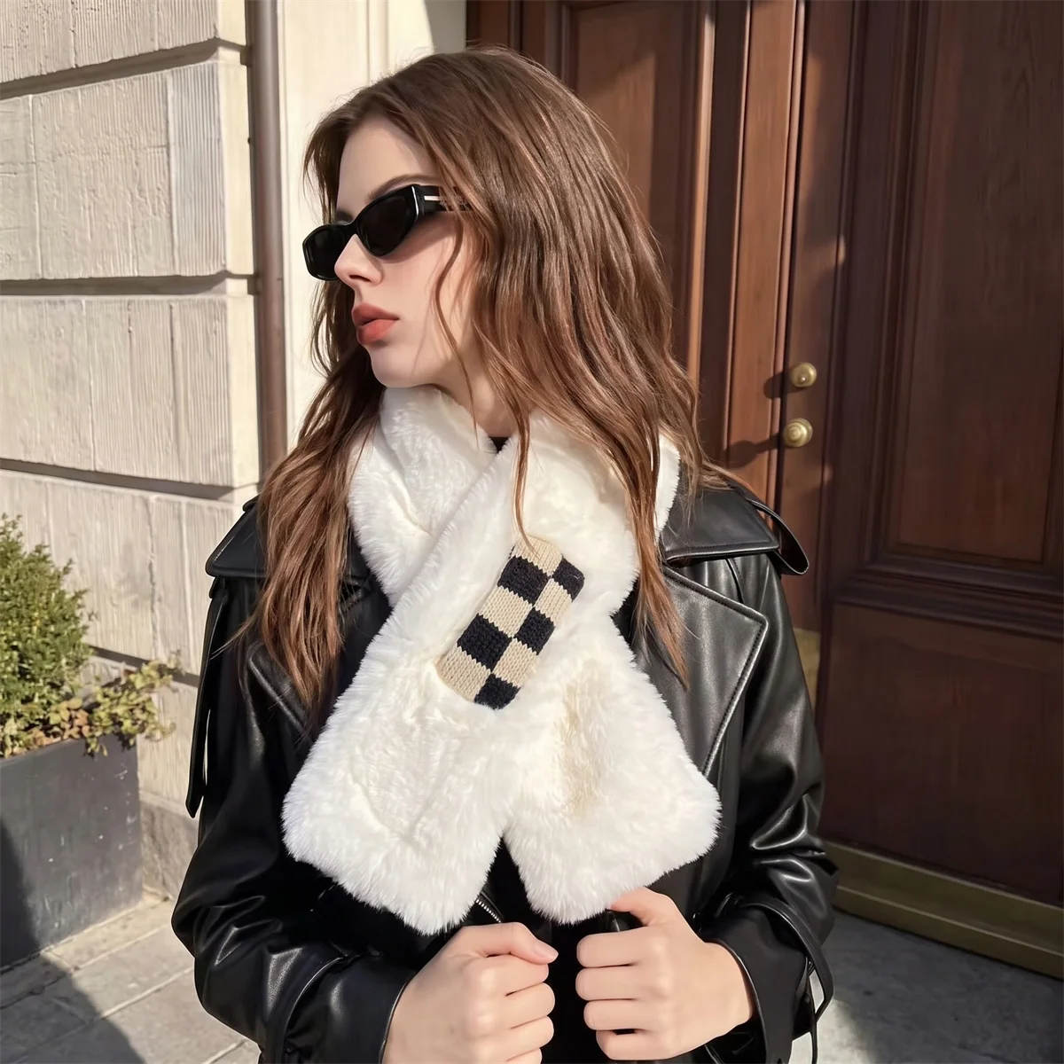 Ladies Plush Faux Rabbit Fur Neck Scarf Classic Checkerboard Patch Ornament Cross‑Over Collar Soft Furry Fashion Daily Neck Wrap