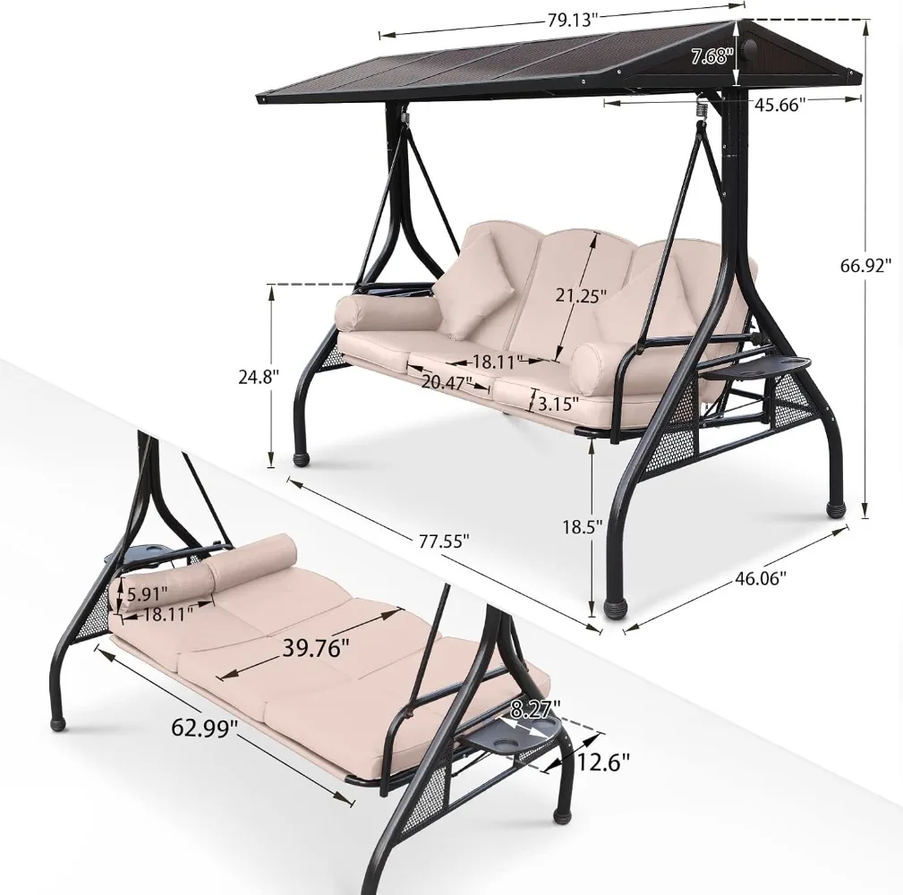 Balanço de varanda de pátio de topo duro, balanço externo de 3 lugares com encosto conversível, suporte de copo de 2 lados, almofada espessada