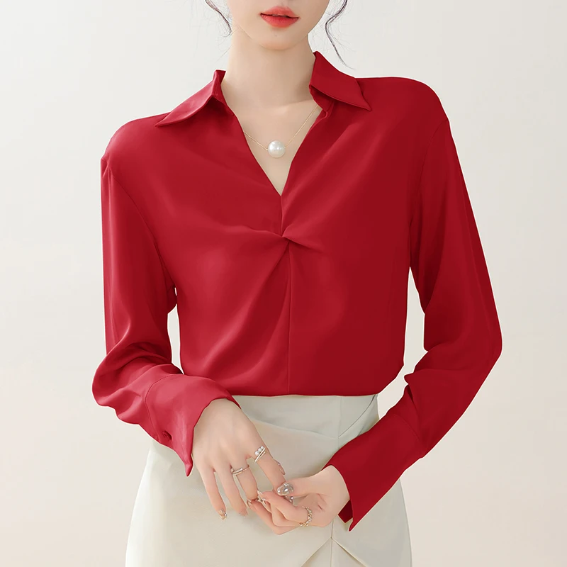 

Autumn French Stylish Chic Turn-down Collar Blouse Fashion Temperament Loose Commute Chiffon Shirts Women Solid Simple Tops