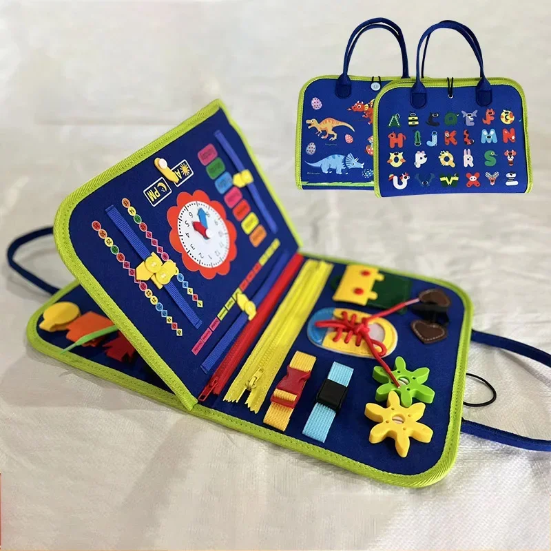 Brinquedo Montessori de tabuleiro ocupado para crianças, pré-escolar, habilidade de vida, animais viajam, alfabeto, número, cadarço, mala, 2 anos