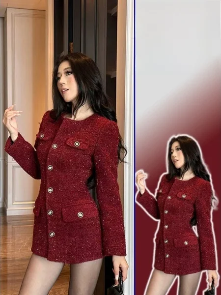 

plus Size Women's Long Sve Woolen Dr Slimming A-Line ort Skirt French Sle round Ne Double Button Ci Commute Dr